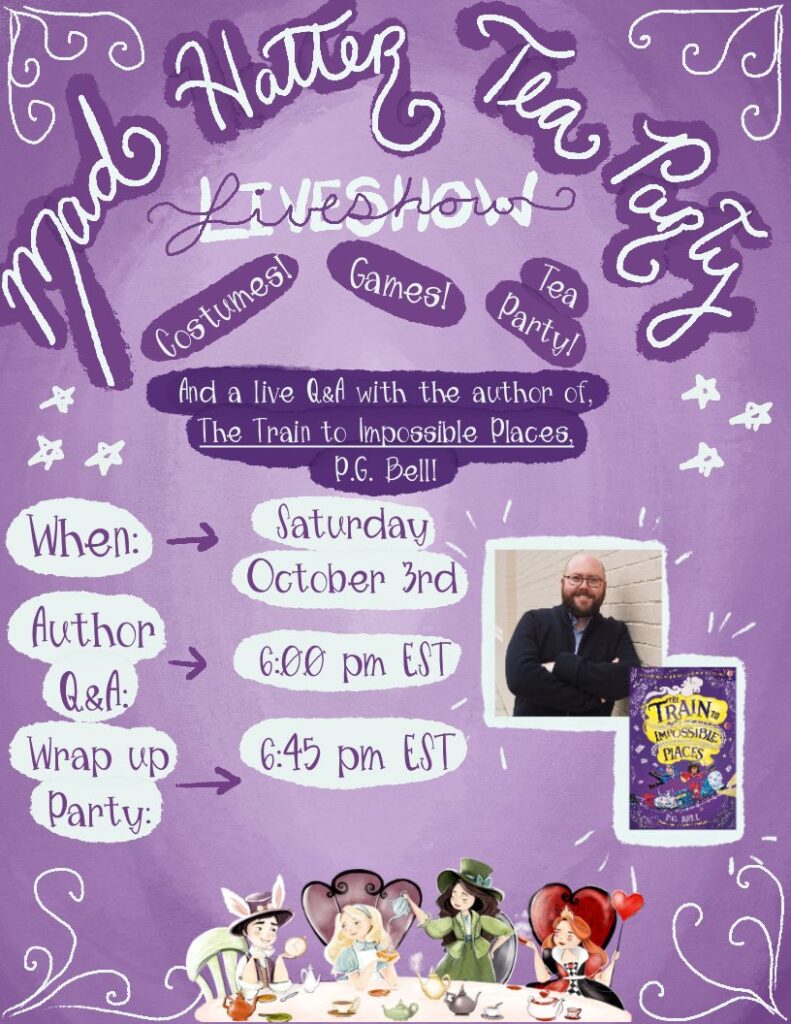 Flier for the Touch of Whimsy Bookclub's live event, with date and time details, and a photo of author P.G. Bell