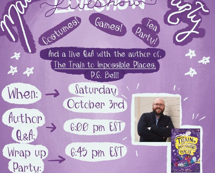 Flier for the Touch of Whimsy Bookclub's live event, with date and time details, and a photo of author P.G. Bell