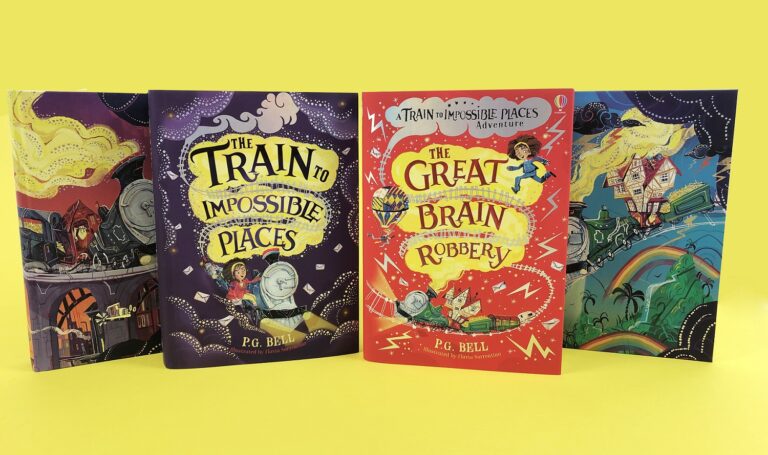 The hardback covers of The Train to Impossible Places and The Great Brain Robbery side by side