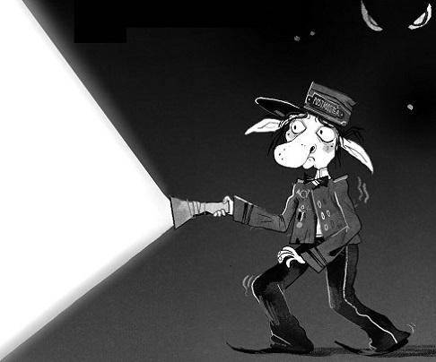 A black and white illustration of Wilmot, a young troll with pointed ears and a large, bulbous nose. He's holding a torch, pointing the beam into the darkness to his left. The background is very dark, but punctuated by a pair of menacing eyes.