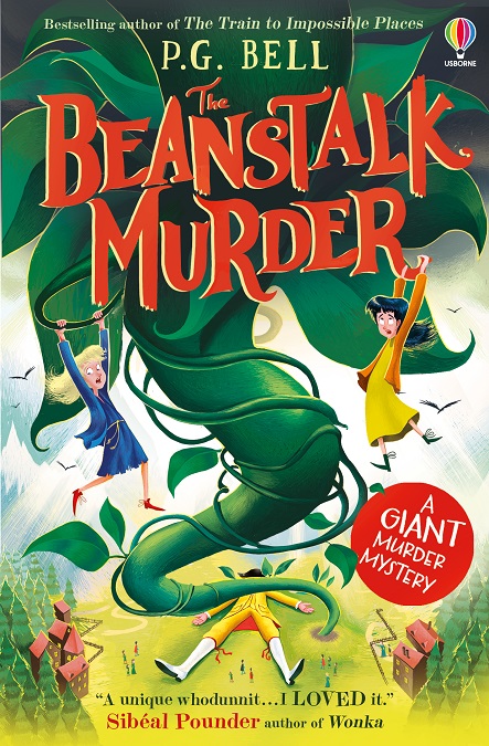 The UK cover of The Beanstalk Murder. It shows two girls dangling high in the air from a giant beanstalk. The body of a fallen giant, and a few houses, are visible far below them.